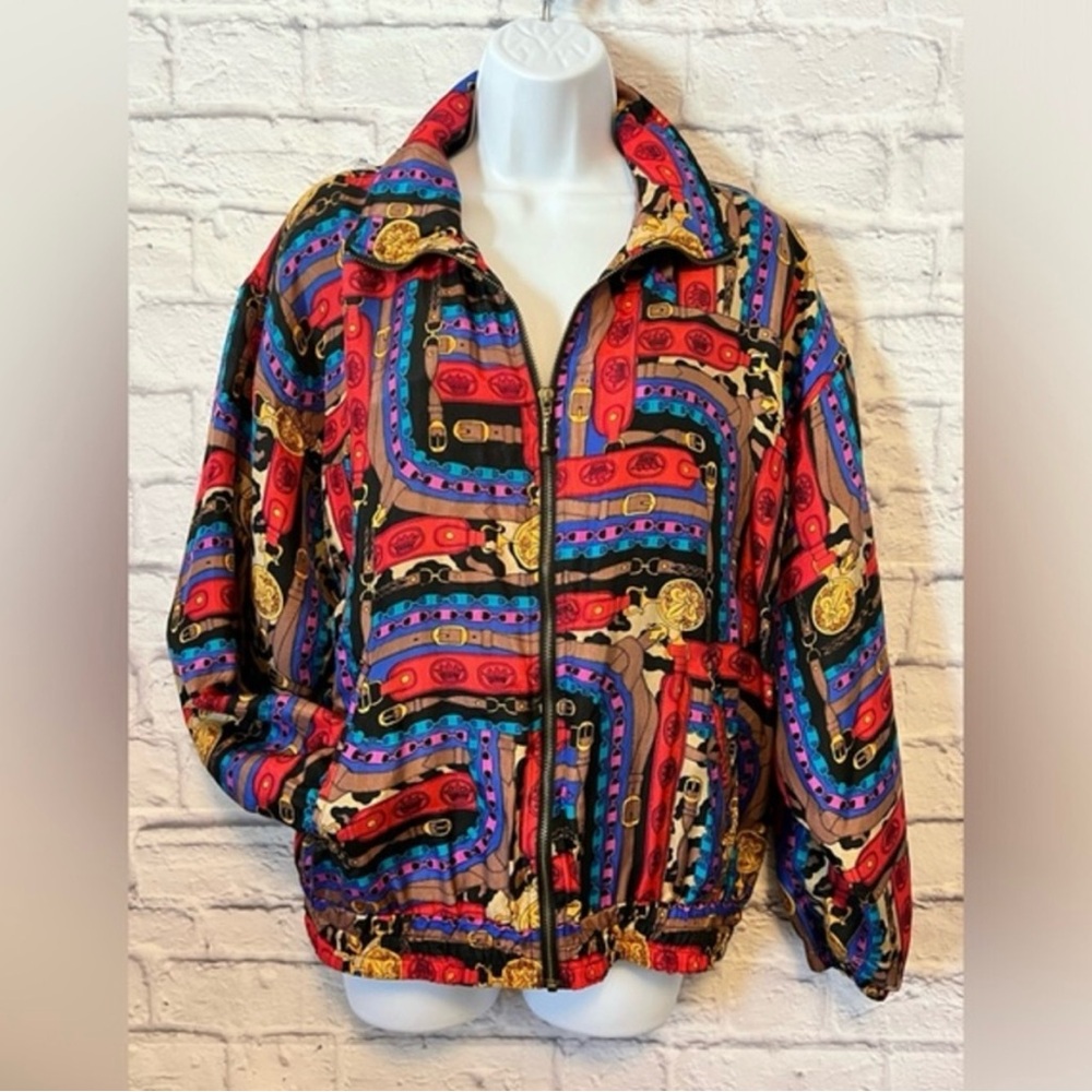 Vintage EVR 100% Silk Bomber Jacket Colorful Baroque Belt Print M
